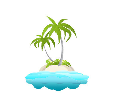 A small island with palm trees in the ocean for your design. Poster with passion  palm tree. Summer vacation in tropics. Cartoon vector illustration.