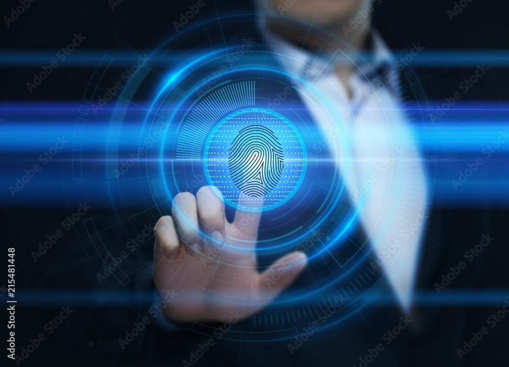 Poster fingerprint scan provides security access with biometrics identification. business technology safety