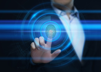 Obraz premium Fingerprint scan provides security access with biometrics identification. Business Technology Safety Internet Concept
