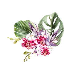 A beautiful watercolor bouquet with leaves of a palm tree, flowers or orchids.  © knopazyzy