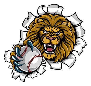 Lion Holding Baseball Ball Breaking Background