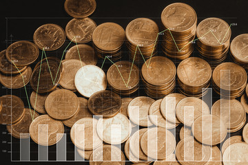 Savings, increasing columns of coins, with financial graph, business banking concept.