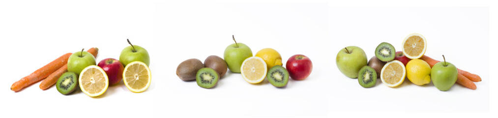 Fruits on a white background. Lemon with apples and kiwi on white background. Kiwi with lemon on a white background. Carrots with fruits on a white background.