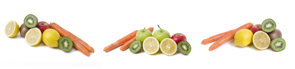 Obraz na płótnie Canvas Fruits on a white background. Lemon with apples and kiwi on white background. Kiwi with lemon on a white background. Carrots with fruits on a white background.