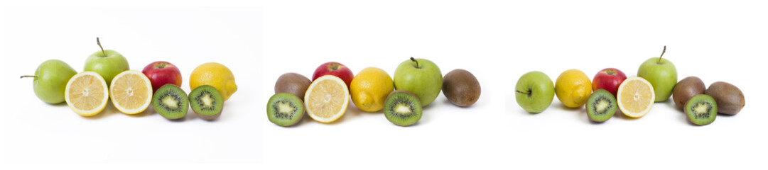 Obraz na płótnie Canvas Fruits on a white background. Lemon with apples and kiwi on white background. Kiwi with lemon on a white background. Carrots with fruits on a white background.