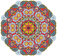 Blue, red and yellow floral pattern. Zentagle. Colored symmetrical mandala.