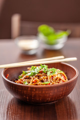 Asian Oriental Cuisine. Japanese noodles with chicken and vegetables, sesame and parsley, in a plate of red clay, stands on a table in a restaurant. Copy space, selective focus