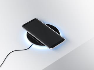 Black Modern Smartphone mockup on the wireless charging device, 3d rendering