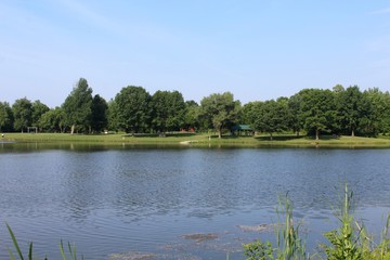 A lakeside view of the countryside lake in the park.