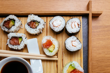 Sushi food prepared on a wooden mat