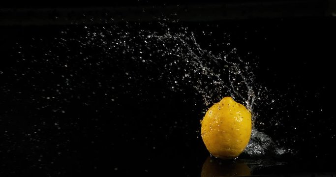 Lemon Yellow, Citrus limonum, Fruit falling in water on Black Background, Slow Motion 4K