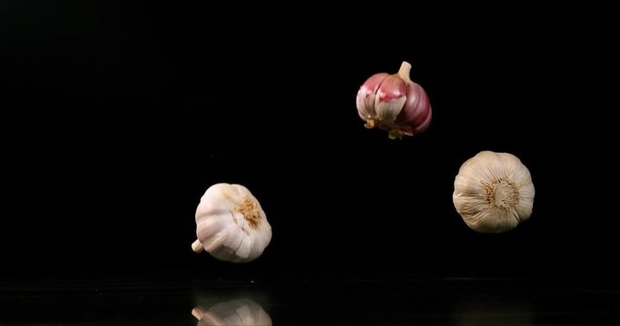 Garlic, allium savitum, falling against Black Background, Slow Motion 4K