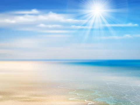 Illustration Summer background with ocean, coastline, blue sky, sunshine and beach.