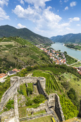 Spitz, Austria, View to Danube river from ruins of Hinterhaus castle.