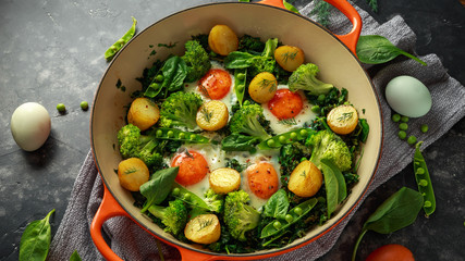 One Pan Green shakshuka with kale, broccoli, sweet peas, spinach and dill with free range eggs, perfect supper.