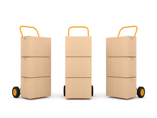 Three Hand Trucks with brown cardboard boxes isolated on white
