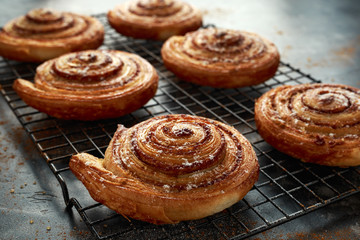 Obraz na płótnie Canvas Freshly baked cinnamon swirls with icing sugar