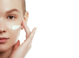 Beauty face. Beautiful Young Woman with Clean Fresh Skin touch own face and body. Facial treatment....