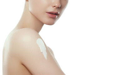 Naklejka premium Beauty face. Beautiful Young Woman with Clean Fresh Skin touch own face and body. Facial treatment. Cosmetology, beauty and spa concept