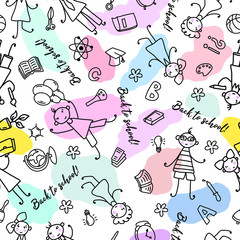 Hand drawn vector illustration seamless pattern cute cartoon doodle sketch and colorful blemishes back to school for design textile, cloth, apparel or decoration