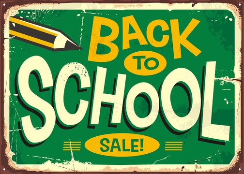 Back to school retro sign advertising with pencil and creative lettering. Promotional poster design for school accessories sale. 