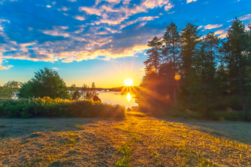 Summer night lake view from Sotkamo, Finland.