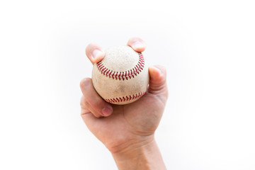 Two seam fastball grip - close up on a white background with copy space.
