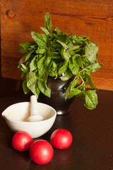 Tomatoes teapot and  mortar