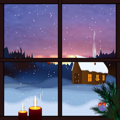 Winter window. Snowy landscape, view from the window. Falling snow, winter dawn, snow forest. Merry Christmas and happy new year greeting postcard. Christmas background with window, mountain, trees.