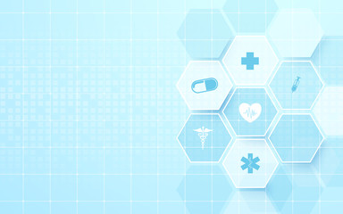 Abstract blue hexagons shape and lines with science concept background