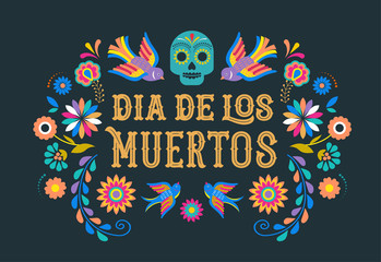 Day of the dead, Dia de los moertos, banner with colorful Mexican flowers. Fiesta, holiday poster, party flyer, greeting card - obrazy, fototapety, plakaty