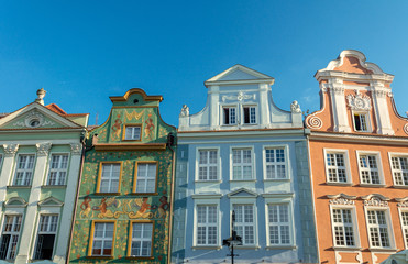 Fototapeta na wymiar magnificent ancient architecture in the style of the Renaissance. Colorful and so different buildings of the ancient city of Poznan.