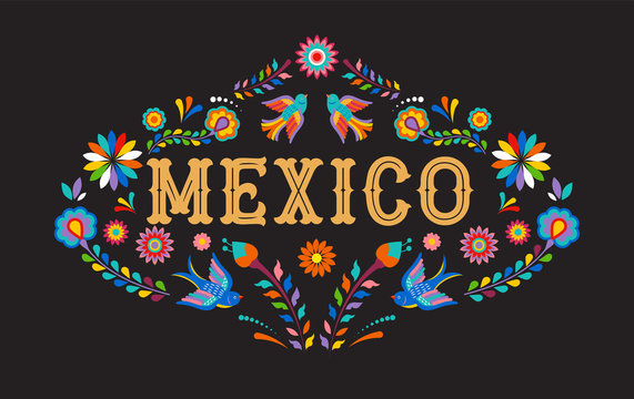 Mexico background, banner with colorful Mexican flowers, birds and elements