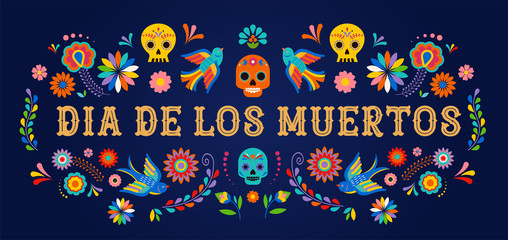 Fototapeta na wymiar Day of the dead, Dia de los moertos, banner with colorful Mexican flowers. Fiesta, holiday poster, party flyer, greeting card