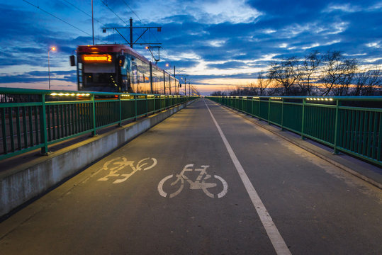 Bicycle path on the Maria Sklodowska-Curie Bridge in Warsaw, Poland