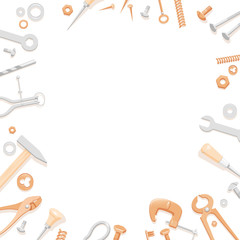 Illustration of household tools in circle with space for tex. Illustration of tools for a logotype. Handyman tools for a business card. Contents of a tool box for a master class flyer or banner