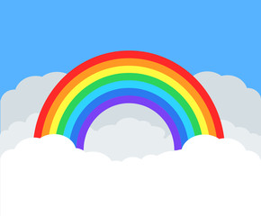 Colorful rainbow in white cloud on blue sky, stock vector illustration