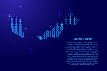 Malaysia map country abstract silhouette from wavy blue space sinusoid lines and glowing stars. Contour state of creative luminescence curve. Vector illustration.