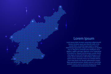 North Korea map country abstract silhouette from wavy blue space sinusoid lines and glowing stars. Contour state of creative luminescence curve. Vector illustration.
