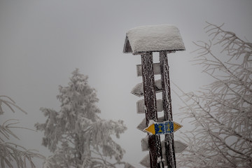Zamarznięty znak na szlaku górskim w beskidach © piszczke