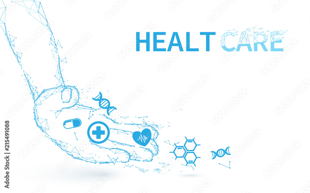 Poster Hand and science icons form lines, triangles and particle style design. Illustration vector