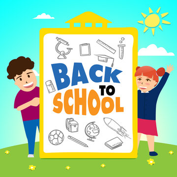 Girl and boy standing with back to school board. cartoon illustration