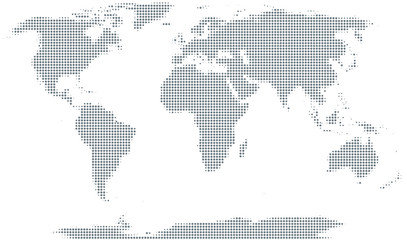 Silhouette of the world. Gray halftone dots, varying in size and spacing. Map of the world. Dotted outline and surface of the Earth under Robinson projection. Illustration on white background. Vector.