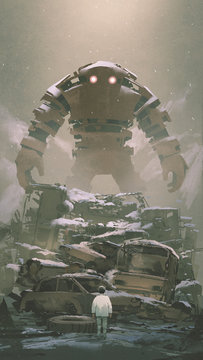 giant robot behind pile of wreck cars looking at the boy below, digital art style, illustration painting