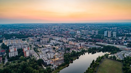 Naklejka na ściany i meble Aerial drone view on Katowice at evening