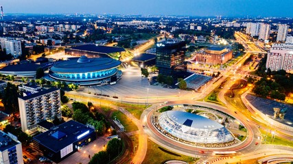 Aerial drone view on Katowice centre and roundabout at night. - obrazy, fototapety, plakaty