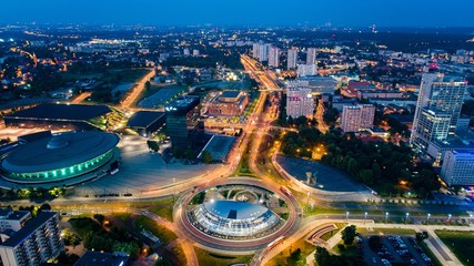 Aerial drone view on Katowice centre and roundabout at night. - obrazy, fototapety, plakaty