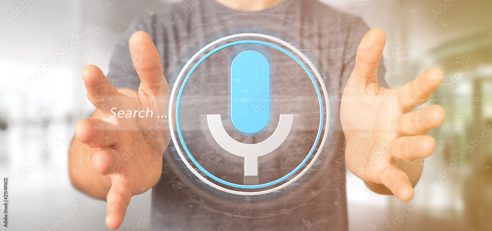Poster businessman holding a vocal search system with button and icon3d rendering