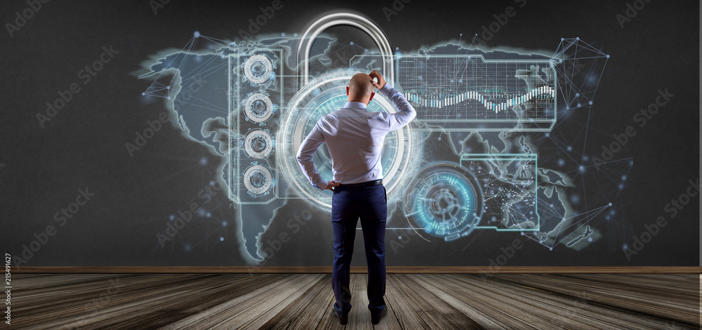 Poster man holding a shield web security concept 3d rendering