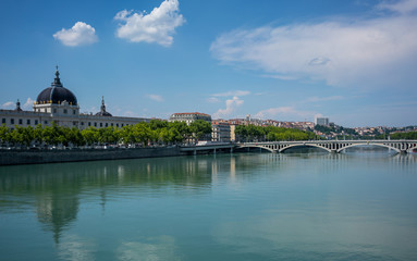 Rhone river with Grand Hotel Dieu after 2018 renovation in Lyon France
